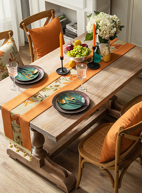家用现代轻奢风格橘色桌旗美式橙色茶几装饰布长条餐桌布布艺北欧