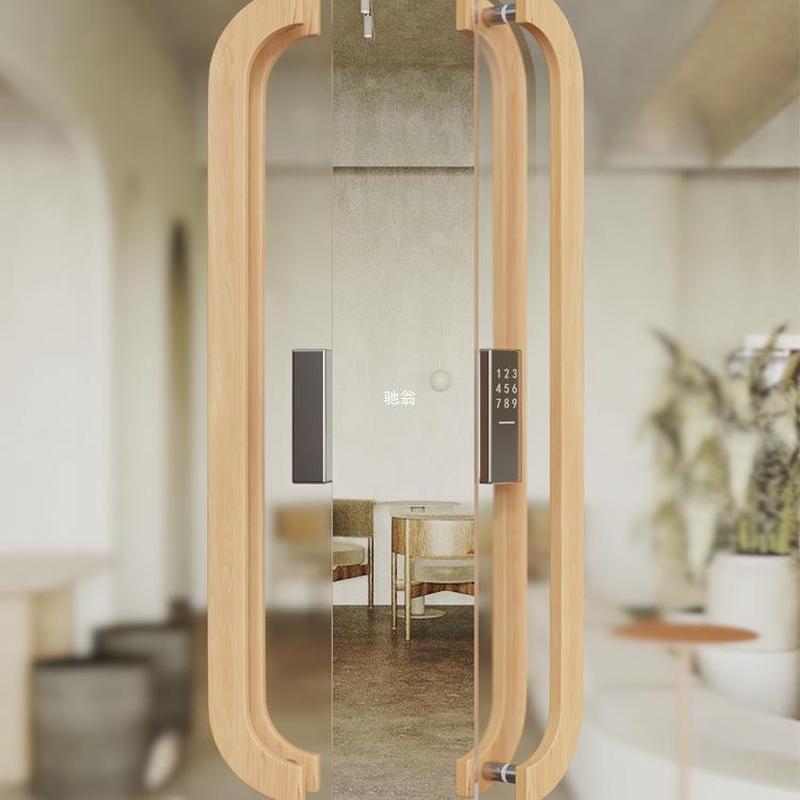 H极简大门实木拉手黑色新款大拉把酒店商铺无框玻璃门把手原木刻