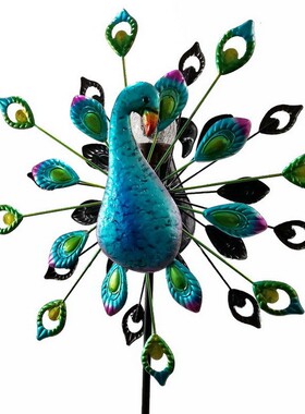外贸欧美风能转动新款户外花园草坪插件彩绘孔雀花园金属铁艺风车