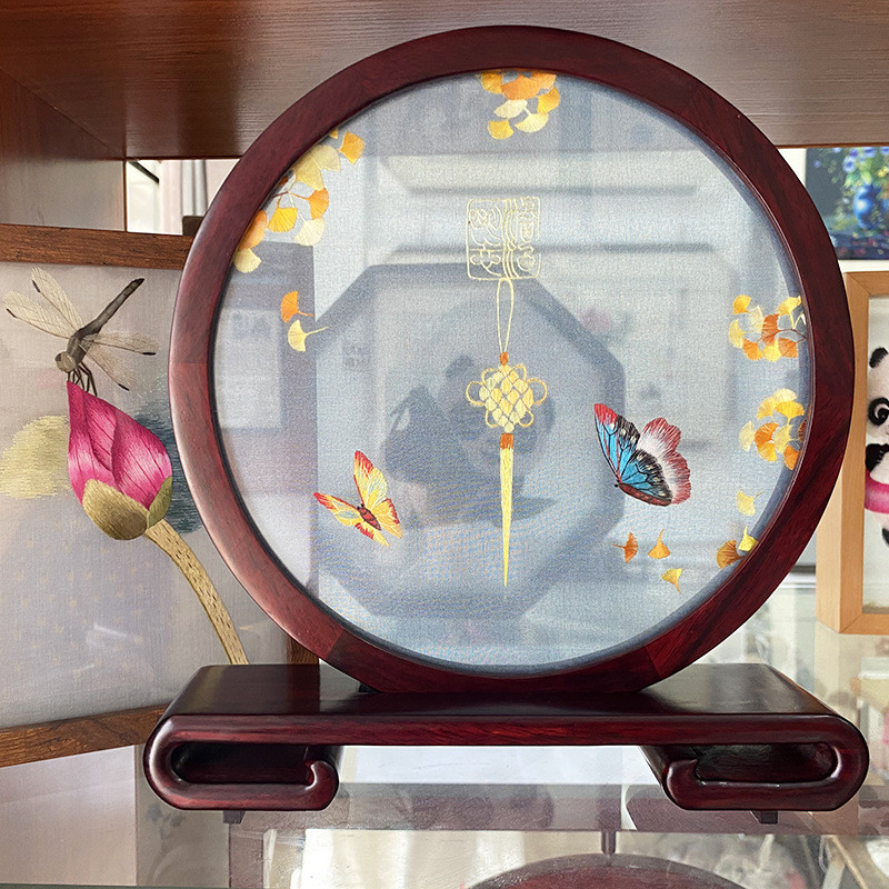 热销苏绣手工双面绣屏风摆件中式蝶恋花小台屏装饰如意架双面绣