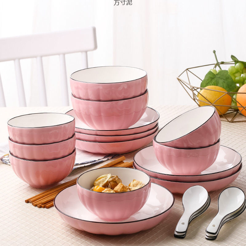 热销日式10人家用碗碟盘套装筷子陶瓷碗盘组合网红餐具创意勺子盘