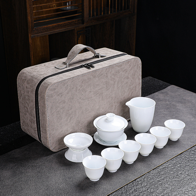 86m0户外功夫套装家用羊脂玉陶瓷盖碗茶杯旅行茶具茶盘便携包定