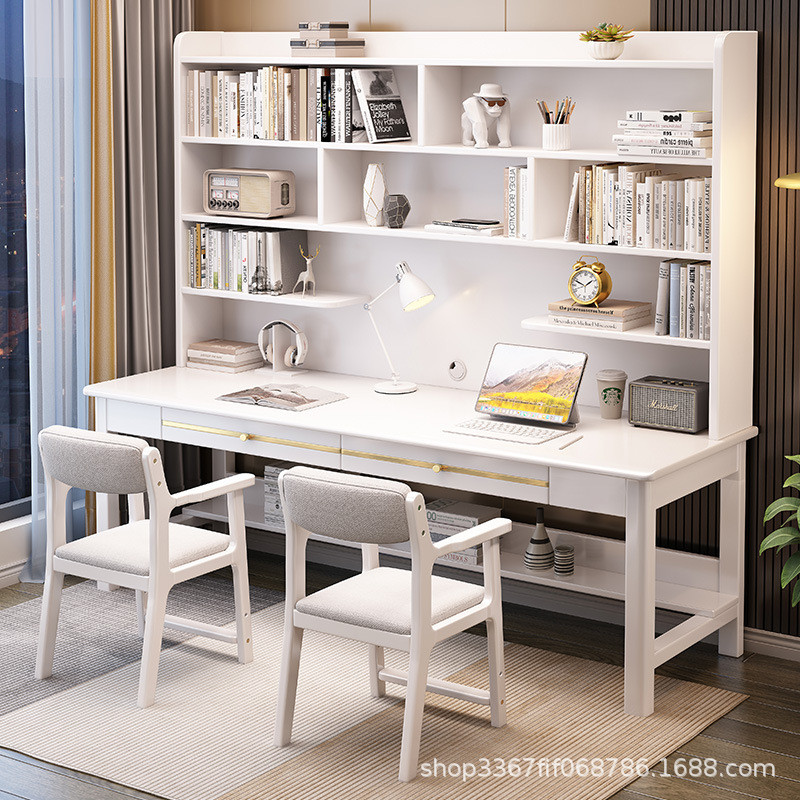 热销实木家用电脑桌简约书桌书架一体书房多功能双人写字桌组合办