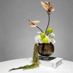卧室创意装 干花仿真花玻璃花器插花桌面轻奢软装 饰家居花卉花摆件