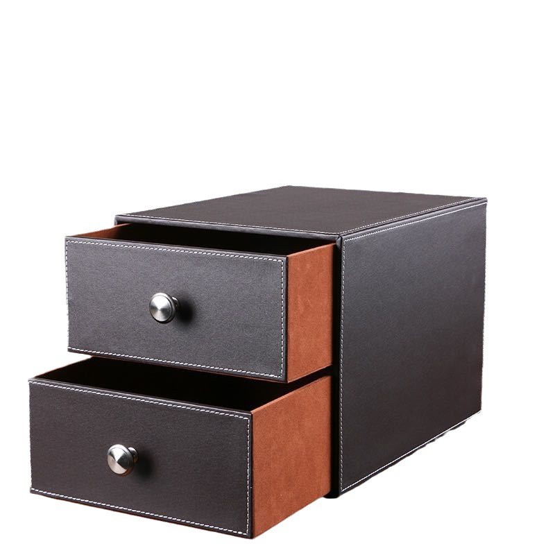 创意皮质文件柜桌面收纳盒二层抽屉式整理盒a4资料办公用品储物盒