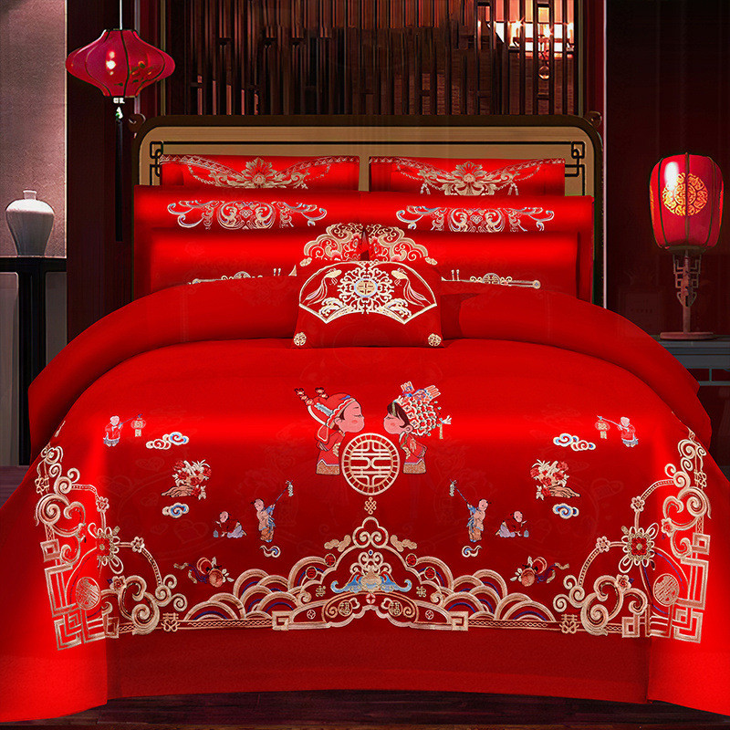 高档婚庆四件套大红喜被全棉床笠刺绣新结婚房嫁礼中式单床上用品