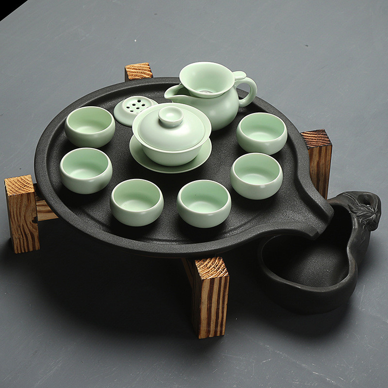 整套陶瓷茶杯功夫茶具套装实木家用干泡黑陶茶盘储水茶台茶海茶道