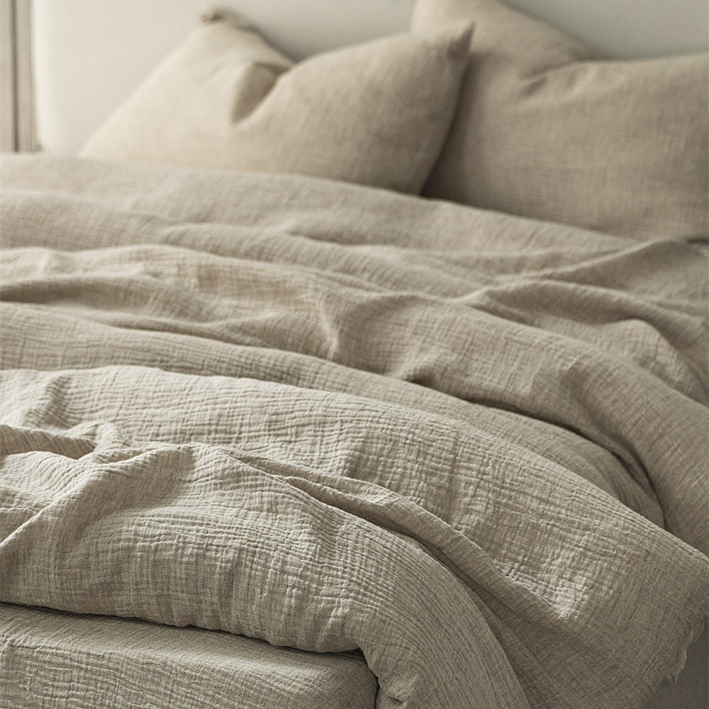 中古风素色清爽双层纱柔软棉麻床上用品三四件套亚麻棉被套床单