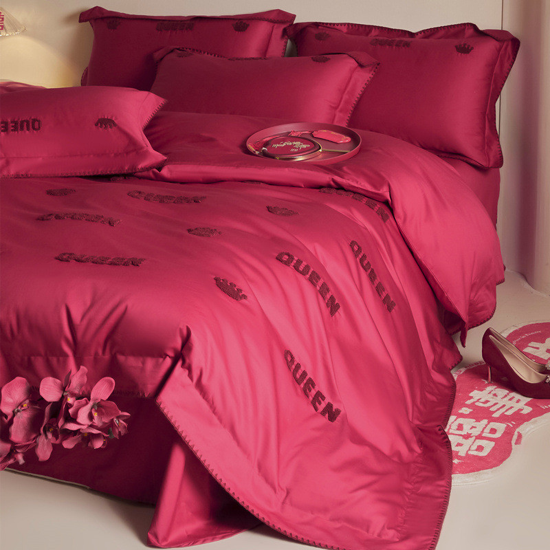 感结婚四件套婚庆床上用品被套床单棉喜被新婚嫁陪嫁酒红色