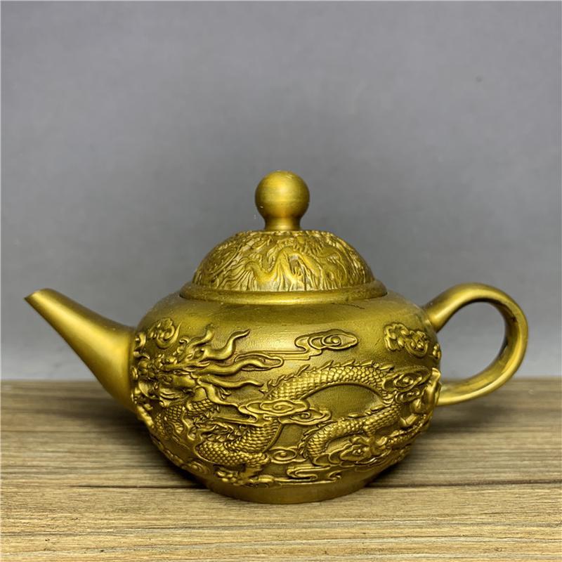古玩老物件老铜双龙戏珠铜茶壶精工铜壶鎏金水酒壶古董收藏小摆件