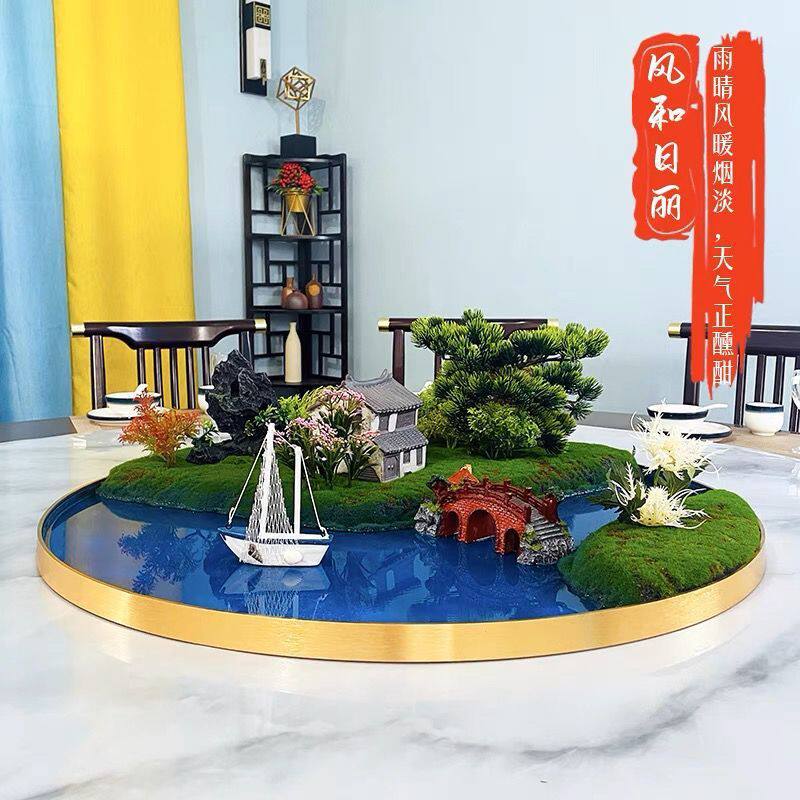 新中式酒店大圆桌包间仿真花微缩中间餐桌摆台转盘景观创意摆花