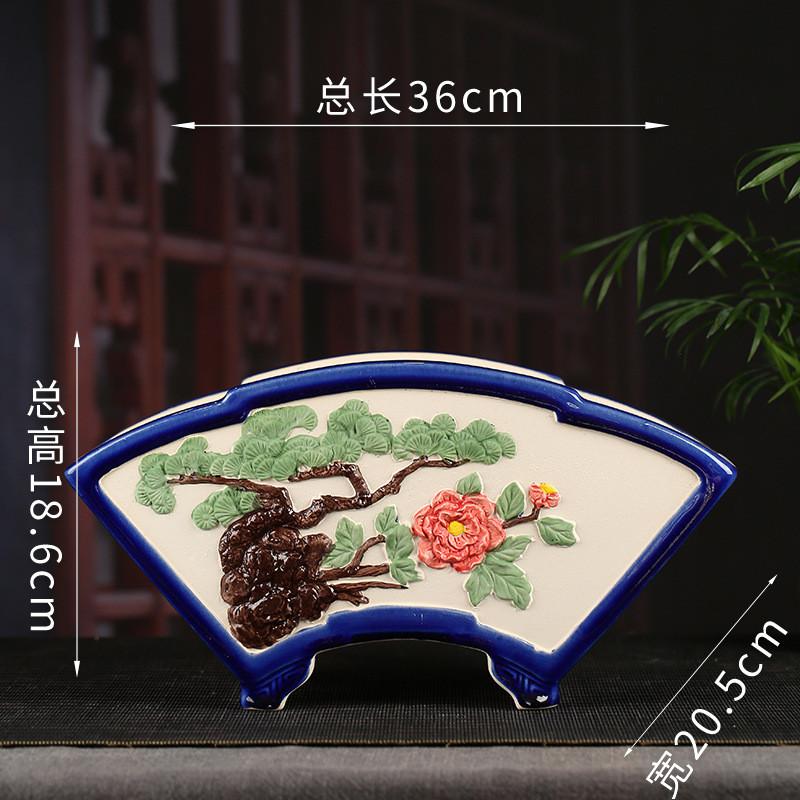 张治诚精品紫砂浮雕彩绘花盆盆景扇形彩绘桌面文竹多肉批发ydfd01