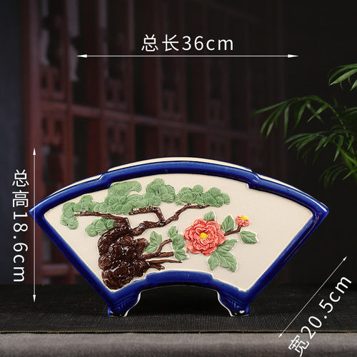 张治诚精品紫砂浮雕彩绘花盆文竹扇形彩绘桌面批发多肉盆景ydfd01