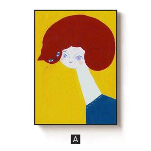 一只猫餐厅装饰画幸福生活北欧风格的咖啡厅个性挂画明黄色挂画