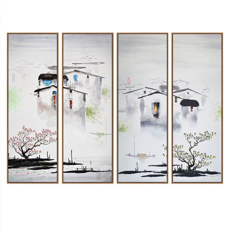 徽派建筑中国风新中式客厅四联装饰画茶室酒店四幅组合壁画挂画格