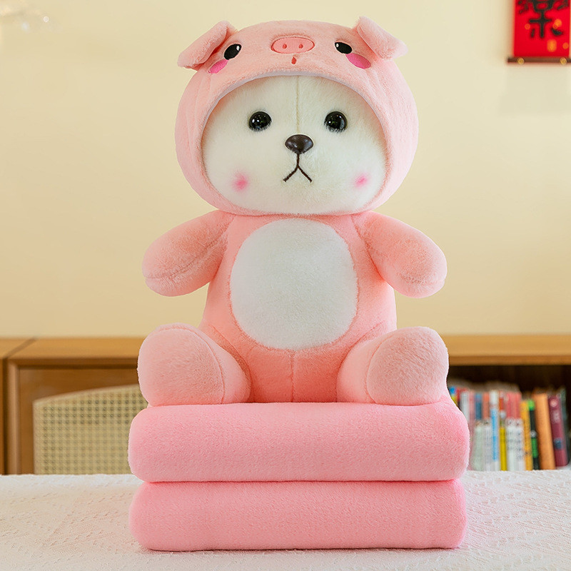 帽子变身彩熊卡通抱枕毯子二合一车载空调被靠垫两用儿童午睡毯子