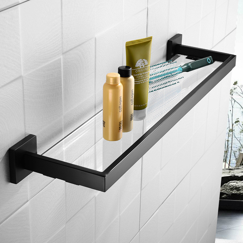 浴室钢化玻璃置物架漆橡皮纯黑色不锈钢锌合金化妆台浴室置物架