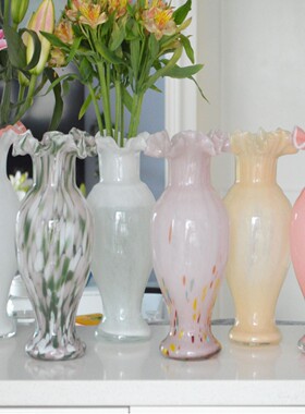 热销复古法式中古芬顿花瓶渐变美人鱼琉璃花瓣艺术玻璃花器摆件装