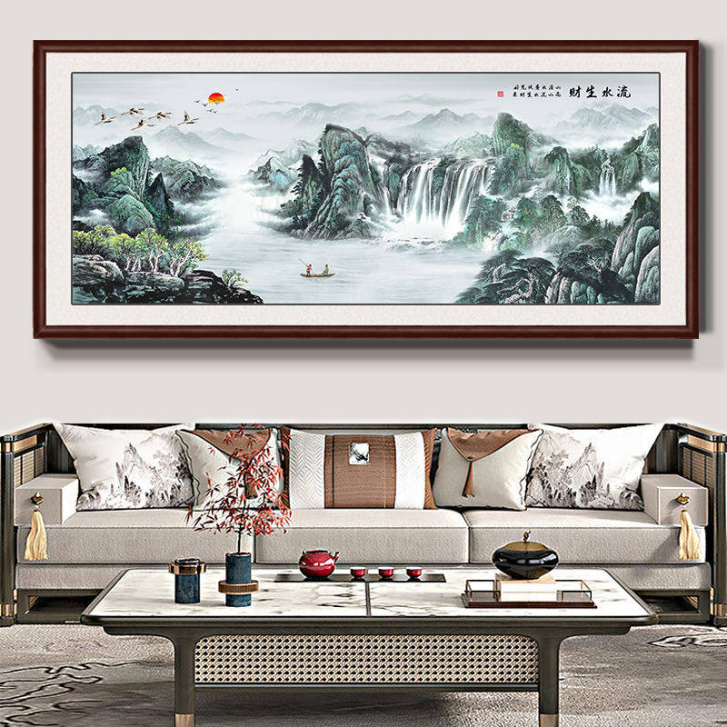流水生财山水画国画客厅沙发背景墙壁画办公室装饰画挂画大气招财