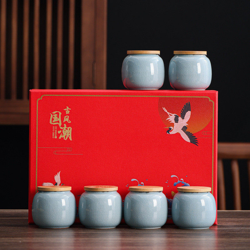 陶瓷红茶茶叶迷你小号6罐装商务礼品竹盖哥窑开片茶叶罐包装空盒,厨房/烹饪用具,密封罐,淘宝优惠券,粉丝福利购,淘宝优惠卷