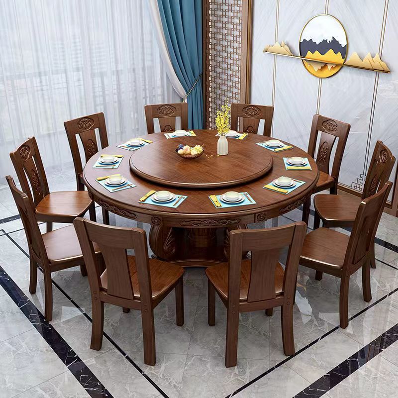 实木圆形餐桌椅中式雕花6/8/10组合转盘桌家用饭店餐馆餐桌椅子人