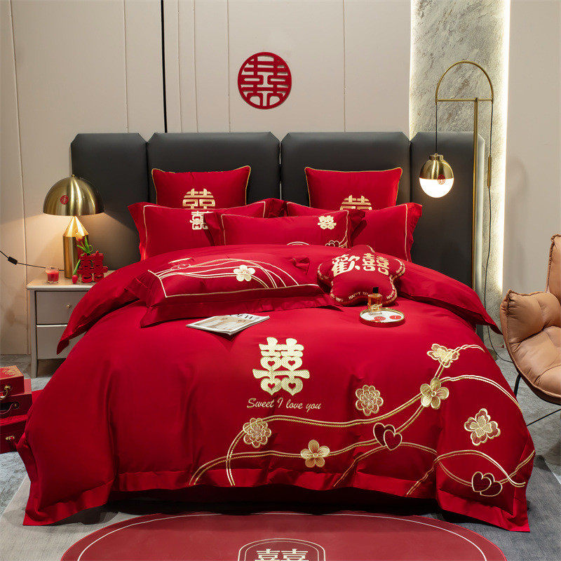 新婚庆四件套磨毛被套简约刺绣花结婚房喜大红色婚礼床上用品