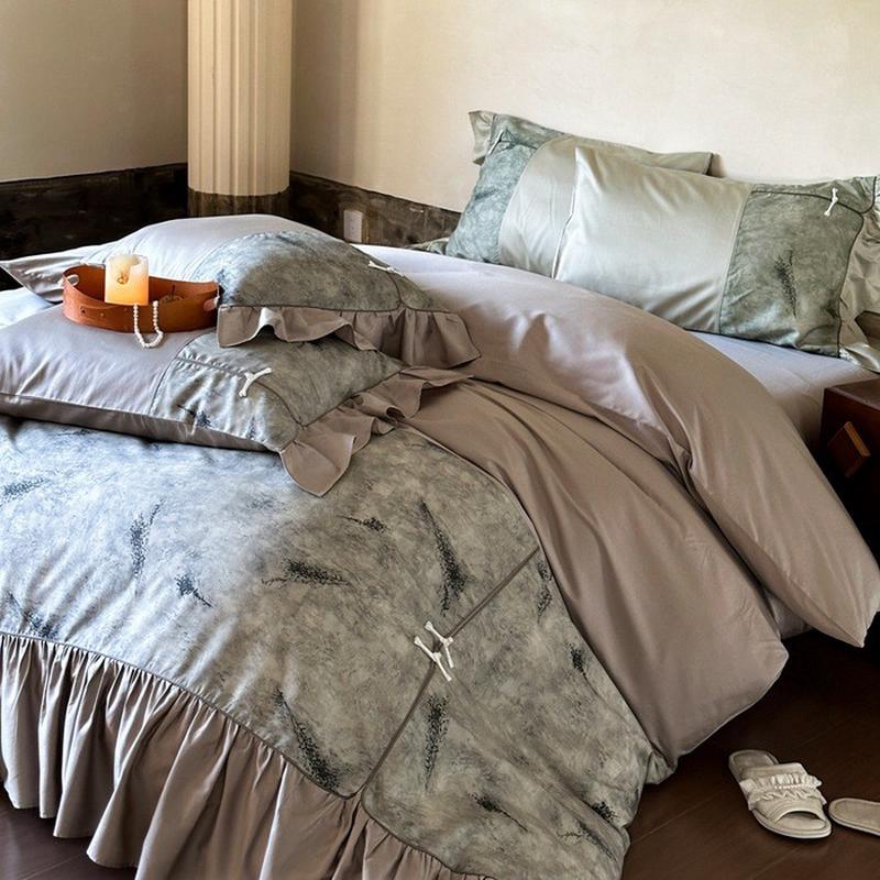 新中式复古天丝四件套1.8m春夏季凉感被套滑5冰丝长绒棉床单2米