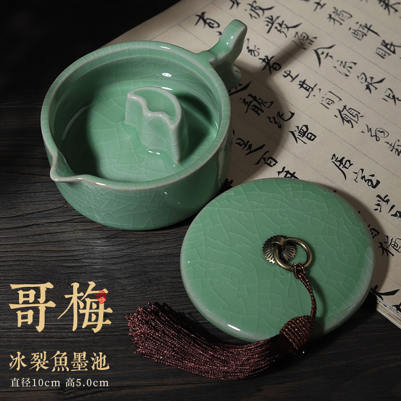 陶瓷墨碟多功能墨池砚台书法带盖墨盒墨蝶毛笔墨水墨盘墨汁墨池防