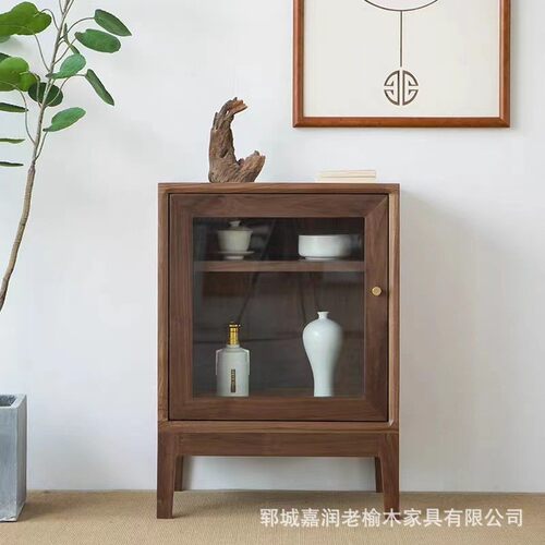 热销复古老榆木小户型客厅茶水柜玻璃收纳柜茶具储物柜斗柜置物柜