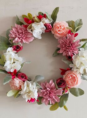 前门粉红色牡丹花环庭院绣球花玫瑰花环婚礼门窗墙大丽花装饰