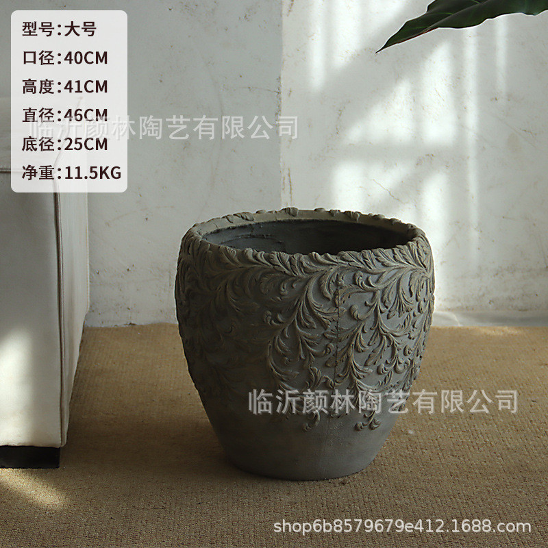 北欧浮雕水泥花盆圆形客厅阳台酒店庭院大口径商场盆绿植装饰摆设