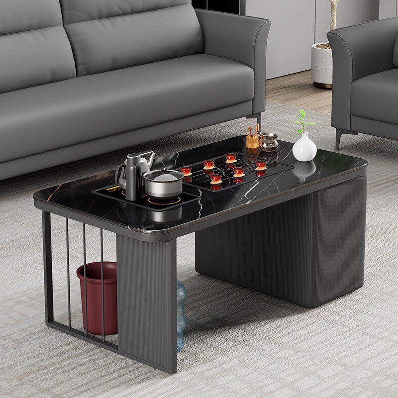 功夫茶几茶台一体现代简约小户型办公室灰色亮光岩板茶几茶具套装