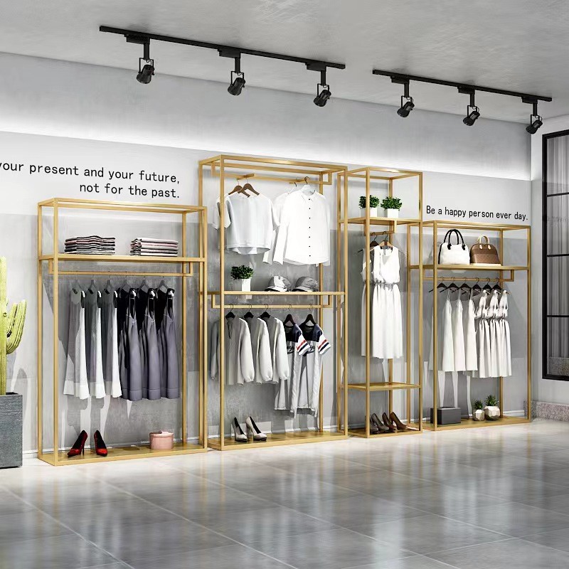 热卖服装店展示架落地式女装店陈列货架铁艺衣架双层金色挂衣架
