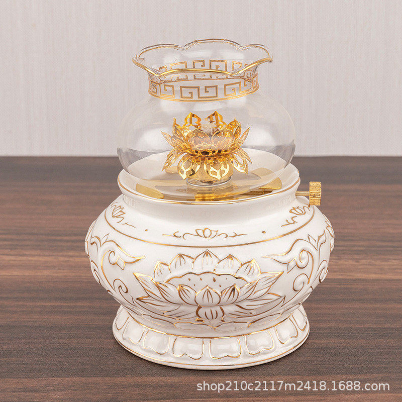 描金浮雕莲花酥油灯佛前油灯灯供奉防风家用液体油灯防风供