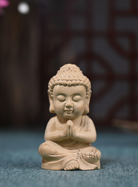 金丝楠木雕刻宝宝佛汽车小摆件摆茶宠家居装饰小沙弥饰木质工艺品