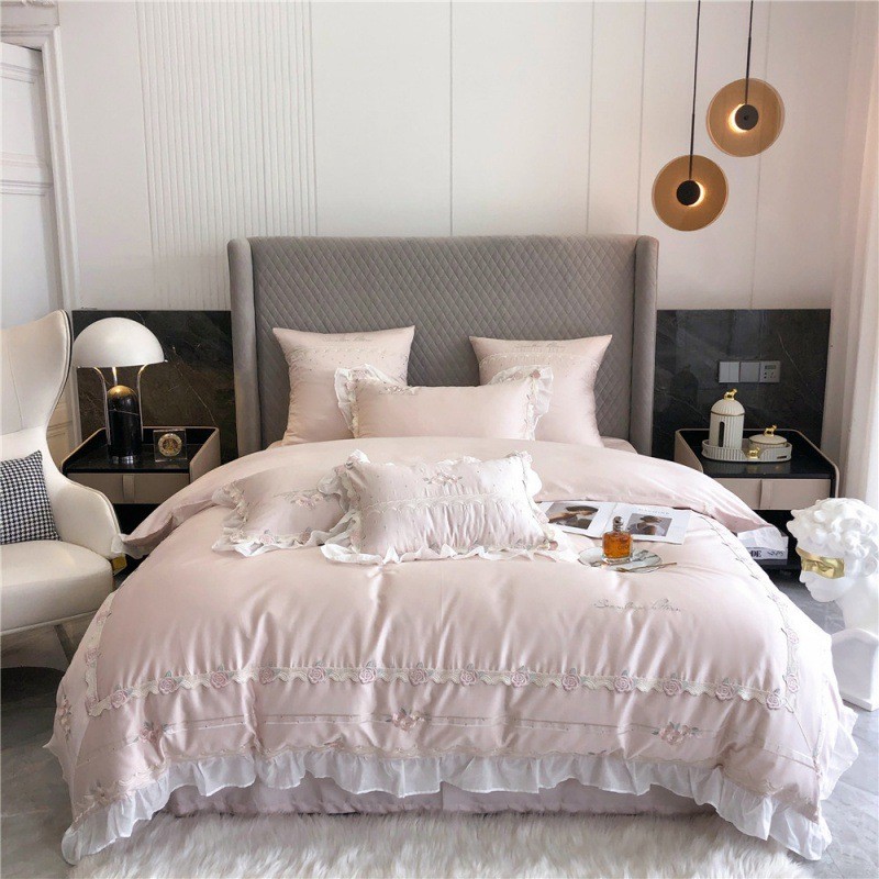 高端公主风100支澳品蕾丝刺绣少女心长绒棉荷叶边粉色床棉四件套