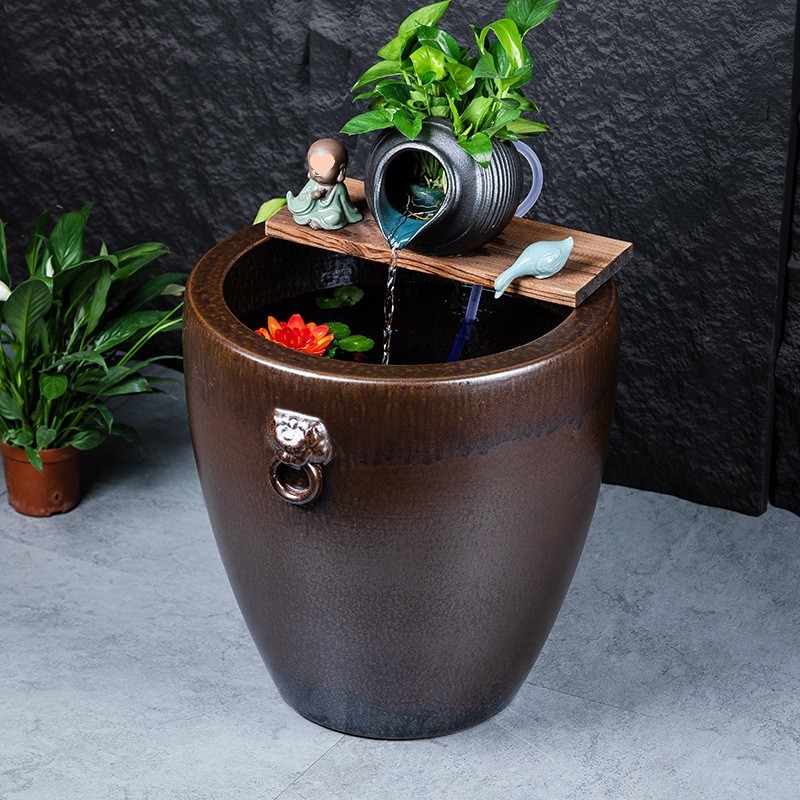 加高陶瓷大缸古法养鱼缸客厅阳台金鱼缸陶罐循环流水水缸老式造景