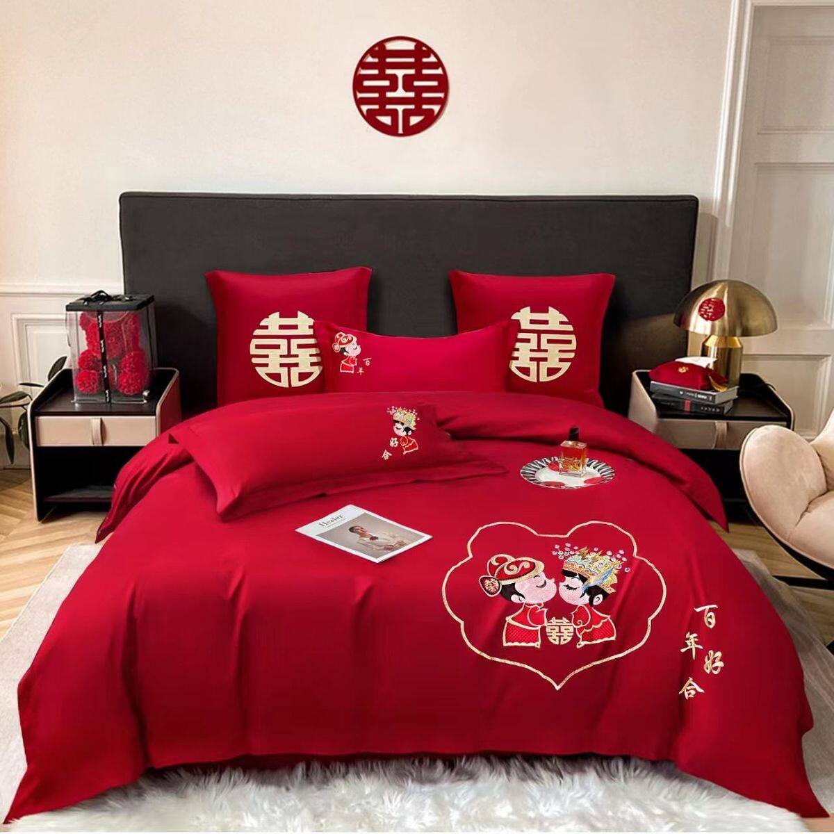 婚庆四件套刺绣大红色被套婚床新婚陪嫁喜庆床上用品床单床笠套件