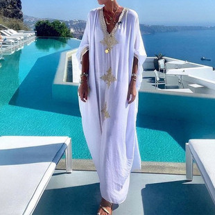 欧美外贸夏季 人棉金色度假长袍绣花舒适宽松沙滩罩衫