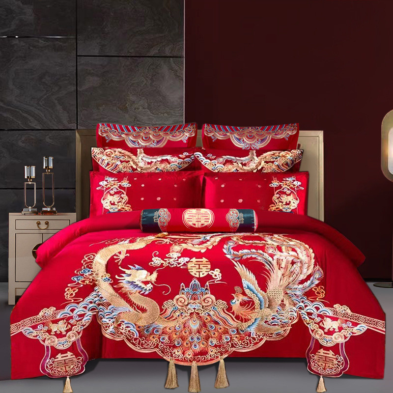 1pkn批发全棉新婚庆四件套大红色长绒棉龙凤家纺结婚刺绣床上用品