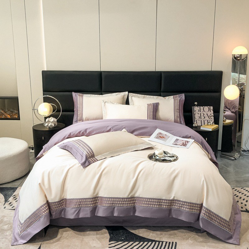 轻奢220支长绒棉四件套高级感床笠全棉被套床单刺绣款三件套床品