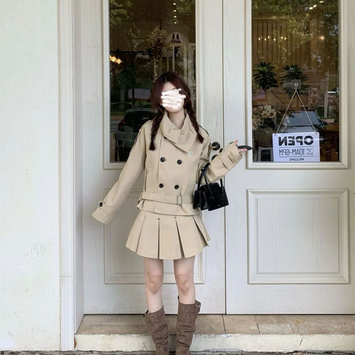 卡其色双排扣风衣短外套女春秋气质时尚套装百褶半身短裙两件套潮