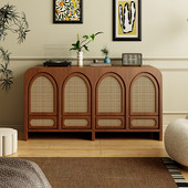 美式 中茶水柜餐边柜藤编实木复古玄关柜客厅储物柜装 饰柜收纳古风