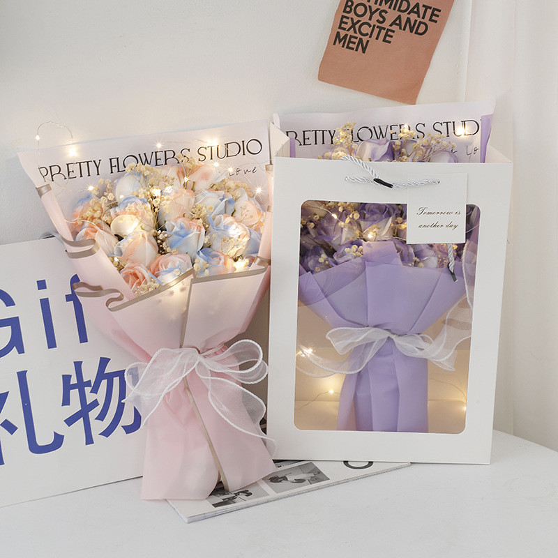 520情人节19朵碎冰蓝玫瑰香皂花束满天星干花送男女朋友老婆礼物