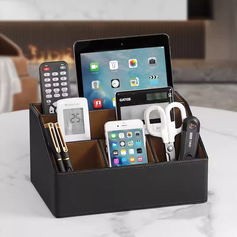 轻奢皮革桌上办公室桌面收纳盒文具整理客厅茶几杂物分格收纳