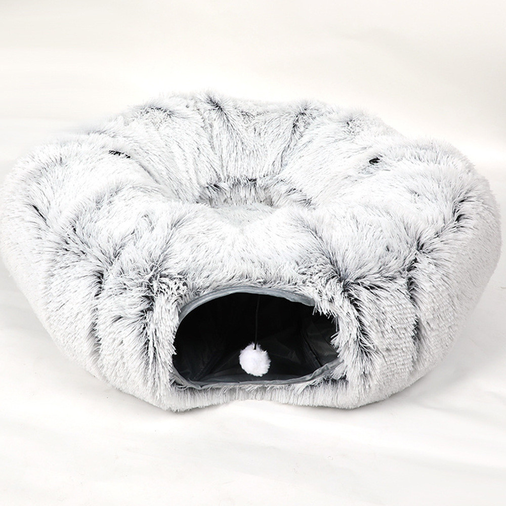 冬季新款宠物猫窝圆形圆二合一毛绒猫隧道封闭式加厚保暖可折叠窝