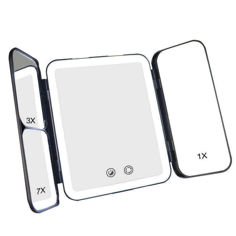 便携三折化妆镜金属壁挂带灯台式梳妆镜led镜子带3x7x放大镜