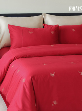 9wor向内穿行长绒棉锦鲤被婚庆结婚床上四件套红色喜剪花