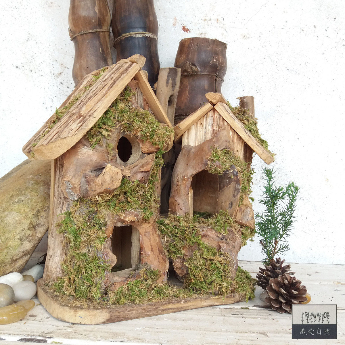 厂家爆款鸟窝繁殖鸟实木苔藓双箱房子装饰户外麻雀鸟箱田园挂件