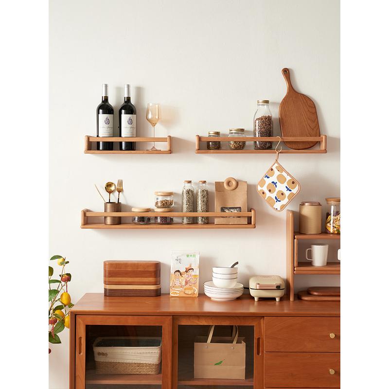 33n樱桃木墙上置物架免打孔实木书架隔客厅壁挂式木质绘本杂志架